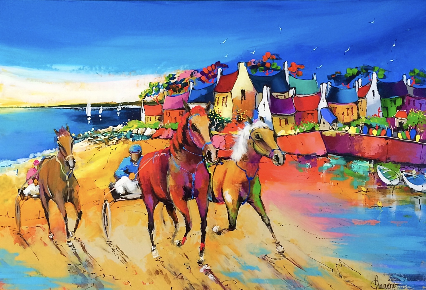 Galop d'Entrainement sur la plage de Dauville acrylique 80x60